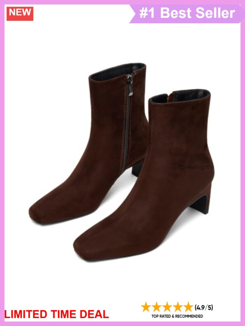 Square Toe Ankle Booties Chunky Block Heel Faux Suede Side Zip